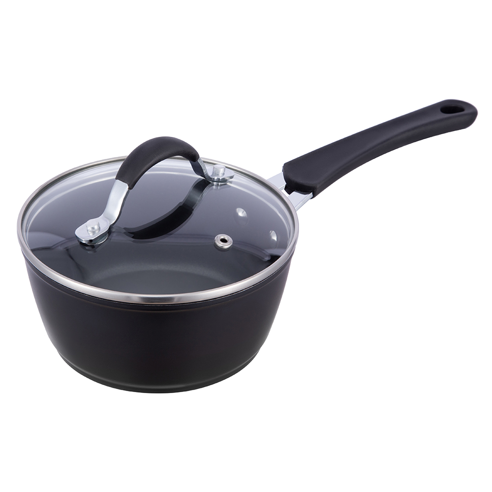 16*7.5cm black non-stick aluminum saucepan with glass lid JY-GWQ-1675