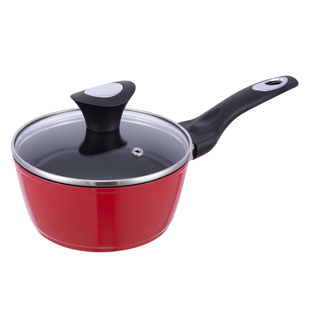 16*7.5cm black/red non-stick aluminum saucepan with glass lid JY-RF29-1-1675