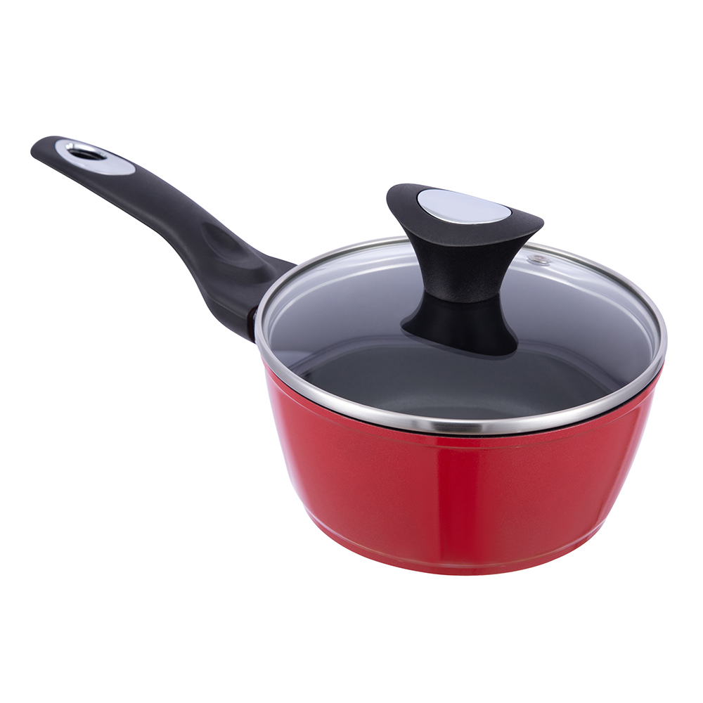 16*7.5cm black/red non-stick aluminum saucepan with glass lid JY-RF29-1-1675