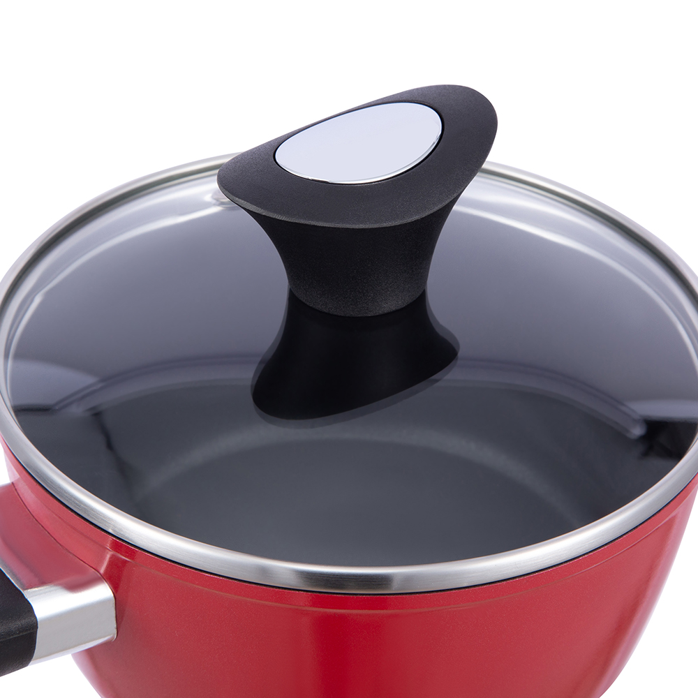 16*7.5cm black/red non-stick aluminum saucepan with glass lid JY-RF29-1-1675