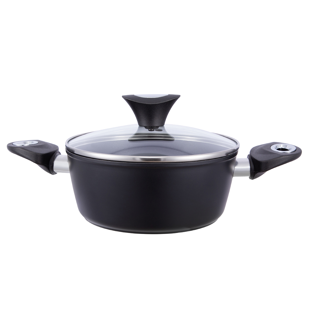 20*8.5cm black non-stick aluminum stockpot with glass lid JY-BF29-2-2085